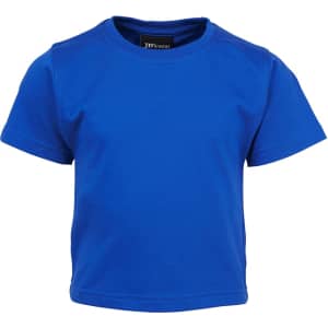 A bright blue infant T-shirt with short sleeves and a crew neckline. It features a logo on the interior label.