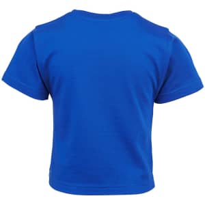 A blue infant T-shirt featuring a simple design and a logo on the back.