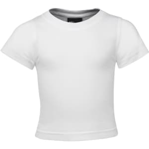 A white infant tee featuring short sleeves and a round neckline, with a logo branding on the front.