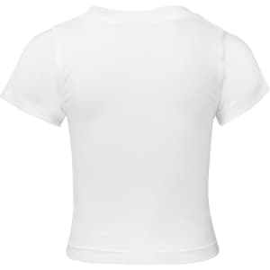 A plain white infant tee with short sleeves, featuring a simple design and a branding logo on the back.