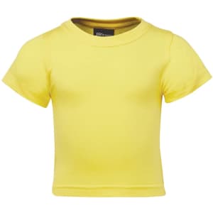 A yellow infant T-shirt with short sleeves and a round neckline, featuring a logo label inside.