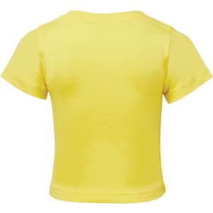 A yellow infant t-shirt featuring short sleeves and a round neckline, with a logo on the back.