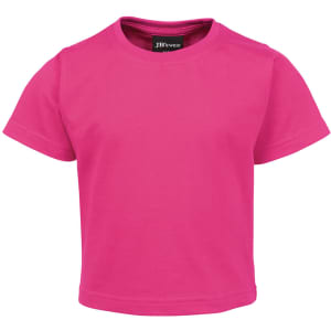 A bright pink infant tee with short sleeves and a crew neckline, featuring a logo inside the collar.