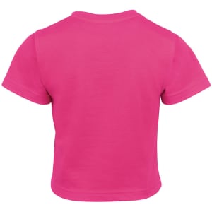A bright pink infant t-shirt featuring short sleeves and a rounded neckline, with a logo on the back.