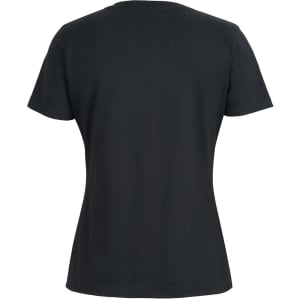 A black ladies' V-neck t-shirt featuring a fitted silhouette and short sleeves. It has a logo on the back.