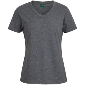 A black ladies V-neck tee with short sleeves and a relaxed fit. It features a logo on the label.