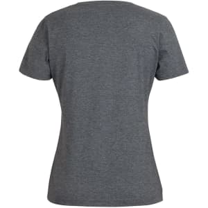 A grey ladies' V-neck tee with short sleeves and a fitted silhouette. Features a logo on the back.