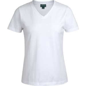 A white ladies V-neck T-shirt with short sleeves and a fitted design. Features a logo at the neckline.