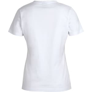 A black ladies' V-neck T-shirt, featuring short sleeves and a fitted design, with a logo on the front.