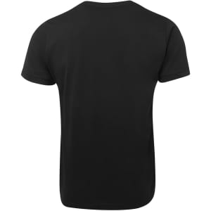 A black V-neck T-shirt with short sleeves and a plain back design. It features a branding logo.