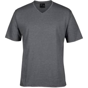 A grey V-neck t-shirt with short sleeves and a logo on the label.