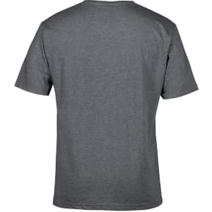 A grey V-neck t-shirt with short sleeves, featuring a plain back design and a logo.