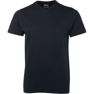 A navy V-neck T-shirt with short sleeves, featuring a tag and simple design.