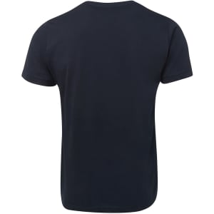 A navy V-neck T-shirt featuring a simple design and a plain back. It includes a logo.