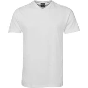 A white V-neck T-shirt featuring short sleeves and a minimalistic design, with a logo at the neck.