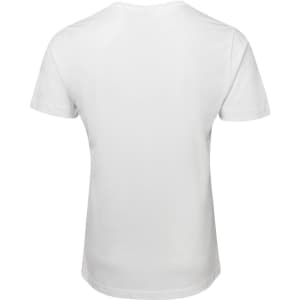 A white V-neck T-shirt with short sleeves, featuring a plain back design and a logo at the neck.