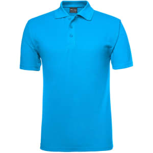 A bright blue polo shirt featuring a collar and three buttons, with a logo on the chest.