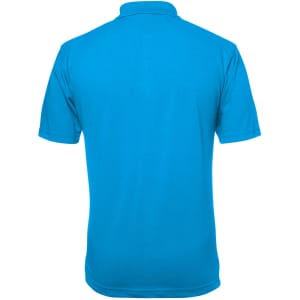 A bright blue polo shirt featuring a collar and short sleeves, with a plain back and a small logo at the neck.