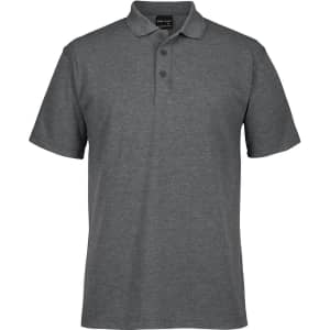 A grey polo shirt featuring a collared neckline and three buttons, with a logo on the label.