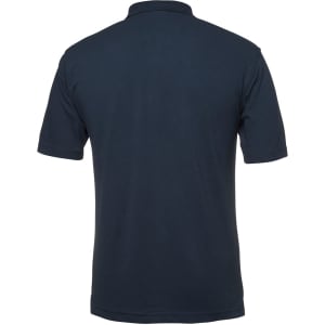 A navy polo shirt with a short sleeve design and a collar, featuring a branding logo.