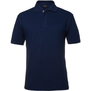 A navy polo shirt with a collar, featuring short sleeves and three buttons, along with a logo.