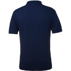 A navy blue polo shirt with a classic collar, featuring a logo on the back.