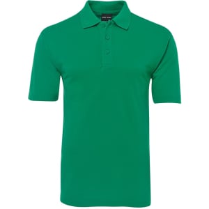 A green polo shirt featuring a collar and three buttons, designed for casual wear, with a logo on the chest.