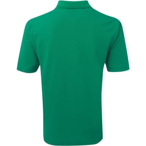A green polo shirt featuring a collar and short sleeves, with a branding logo on the back.