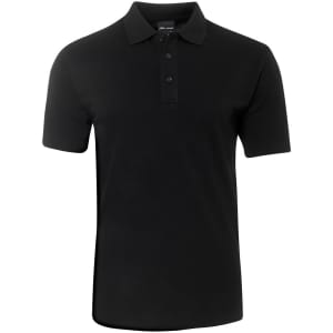 A black polo shirt with a collar and three-button placket, featuring branding.