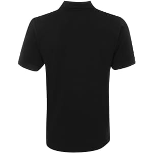 A black polo shirt featuring a collar and short sleeves, displaying a simple design with a logo.