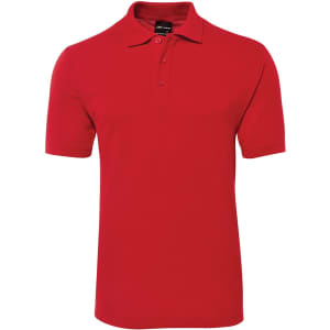 A red polo shirt featuring a collar and three-button placket, with a small logo on the label.