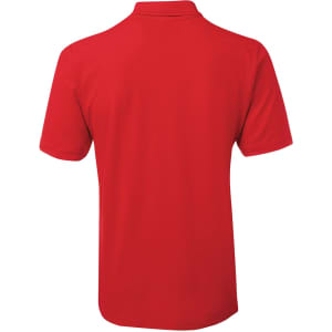 A red polo shirt is displayed, featuring a simple design with a collar and short sleeves. It has a logo.