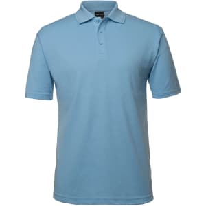 A light blue polo shirt featuring a collar and three buttons, with a logo on the chest.