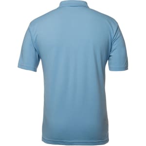 A light blue polo shirt viewed from the back, featuring short sleeves and a collar. The shirt has a logo.