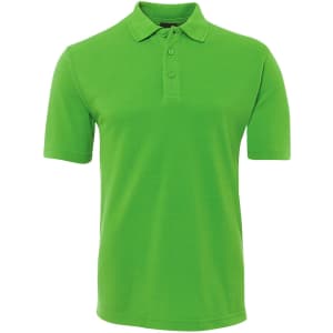 A bright green polo shirt with a collar and short sleeves, featuring a logo on the chest.