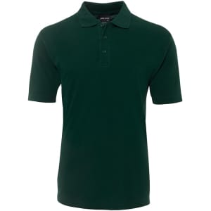 A dark green polo shirt with a collar and button placket, featuring a logo on the chest.