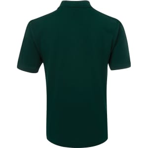 A dark green polo shirt featuring a collar and short sleeves, with a logo on the back.