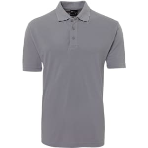 A grey polo shirt featuring a classic collar and three buttons, with a manufacturer’s logo.