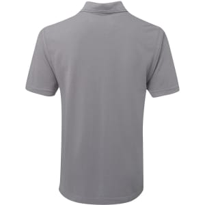 A grey polo shirt with a classic collar and short sleeves, featuring a branding logo.