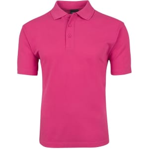 A pink polo shirt with short sleeves and a collar, featuring a three-button placket and a branding logo.