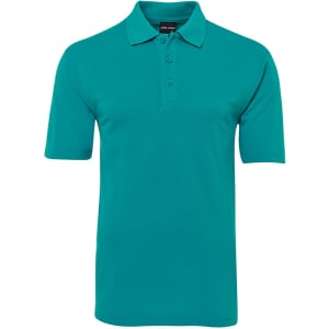 A teal polo shirt featuring a classic collar and three-button placket, with a brand logo on the label.