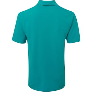 A turquoise polo shirt featuring a collar and short sleeves, with a logo on the back.