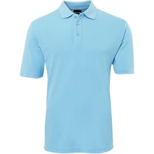 A light blue polo shirt featuring a collared neckline and short sleeves, with a logo on the chest.