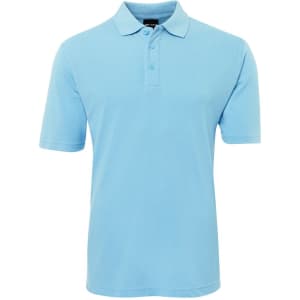A light blue polo shirt with a collar and three buttons, featuring a logo on the upper left.