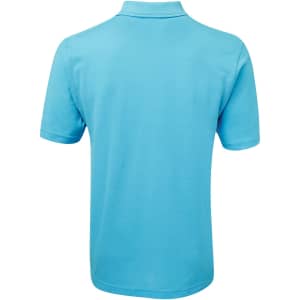 A light blue polo shirt with a collared neckline and short sleeves, featuring a branding logo.