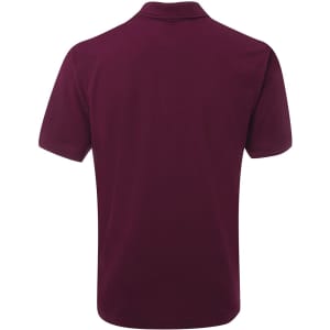A maroon polo shirt featuring a plain back design and a collar, with a logo on the front.