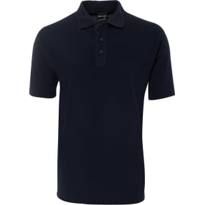 A navy blue polo shirt featuring a collar and three-button placket. It has a logo on the chest.