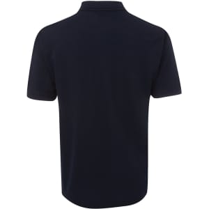A navy polo shirt with a classic collar and short sleeves, featuring a logo. Back view displayed.