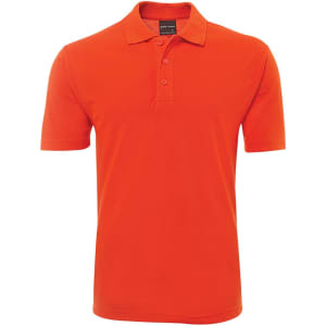 An orange polo shirt with a collared neck and three buttons, featuring a small logo.