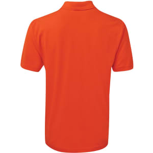 An orange polo shirt featuring a collar and short sleeves, with a branding logo on the back.